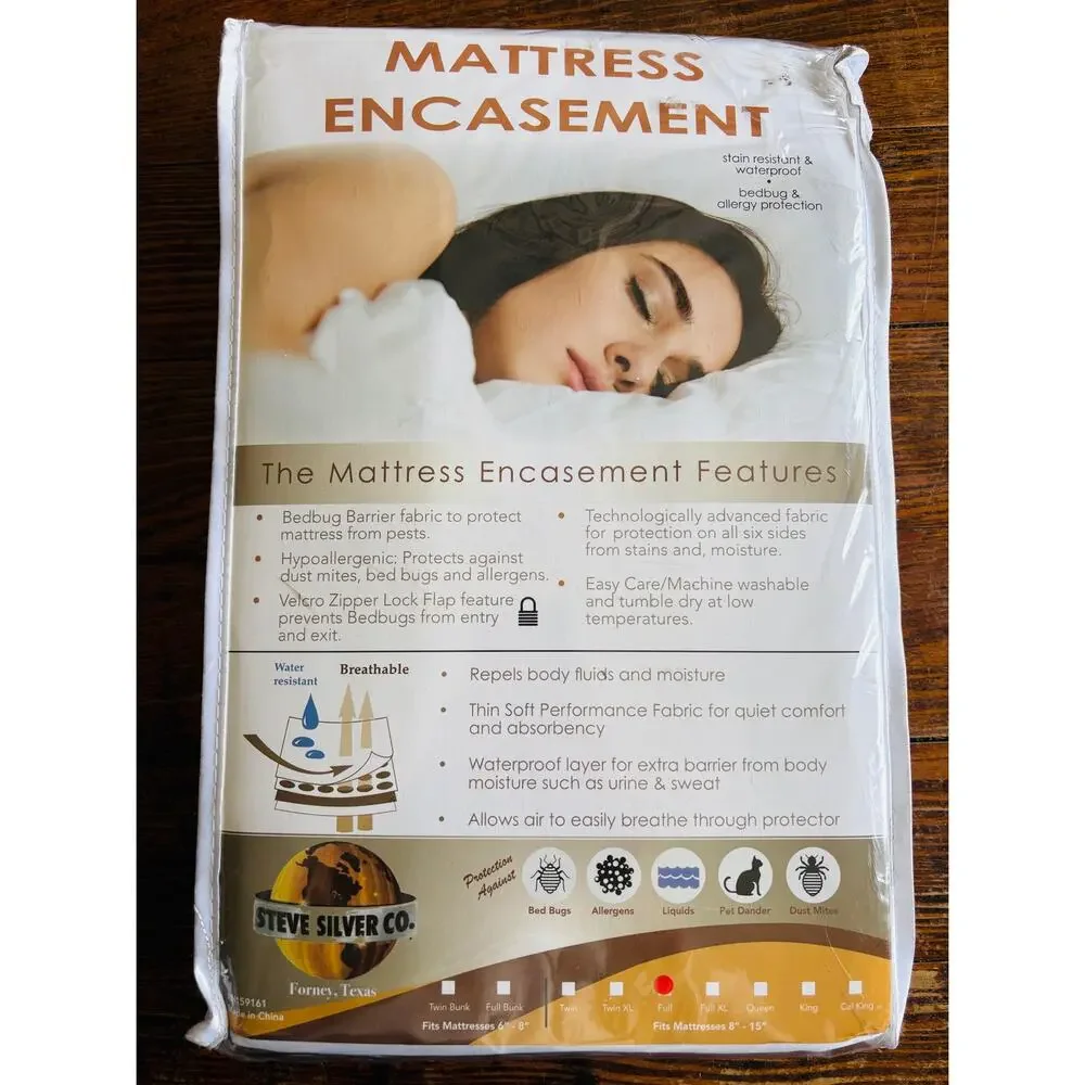 STEVE SILVER FULL MATTRESS ENCASEMENT hypoallergenic NO BED BUGS DUST MITES